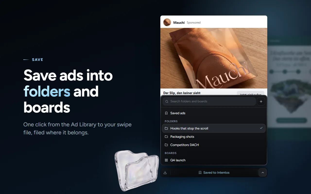 Saving an ad into a folder from its bar in the Ad Library